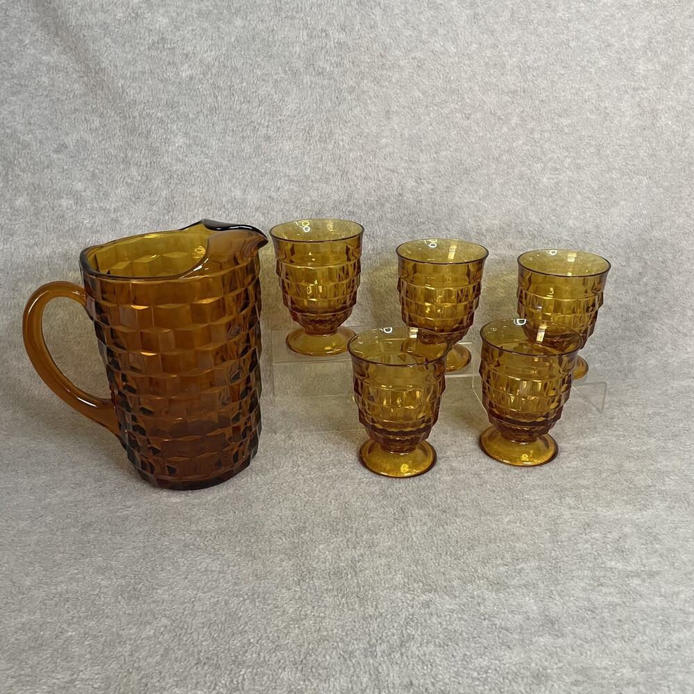 Indiana Glass Whitehall Colony Amber Vintage Pitcher & 5 Glasses